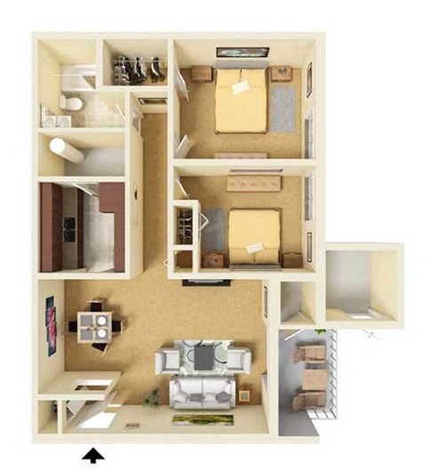 A 3D floor plan of a small apartment with a kitchen, living room, and bathroom.